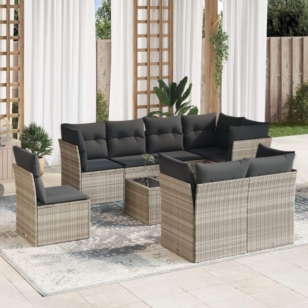 Set Divano da Giardino 9pz con Cuscini Grigio Chiaro Polyrattan - homemem39