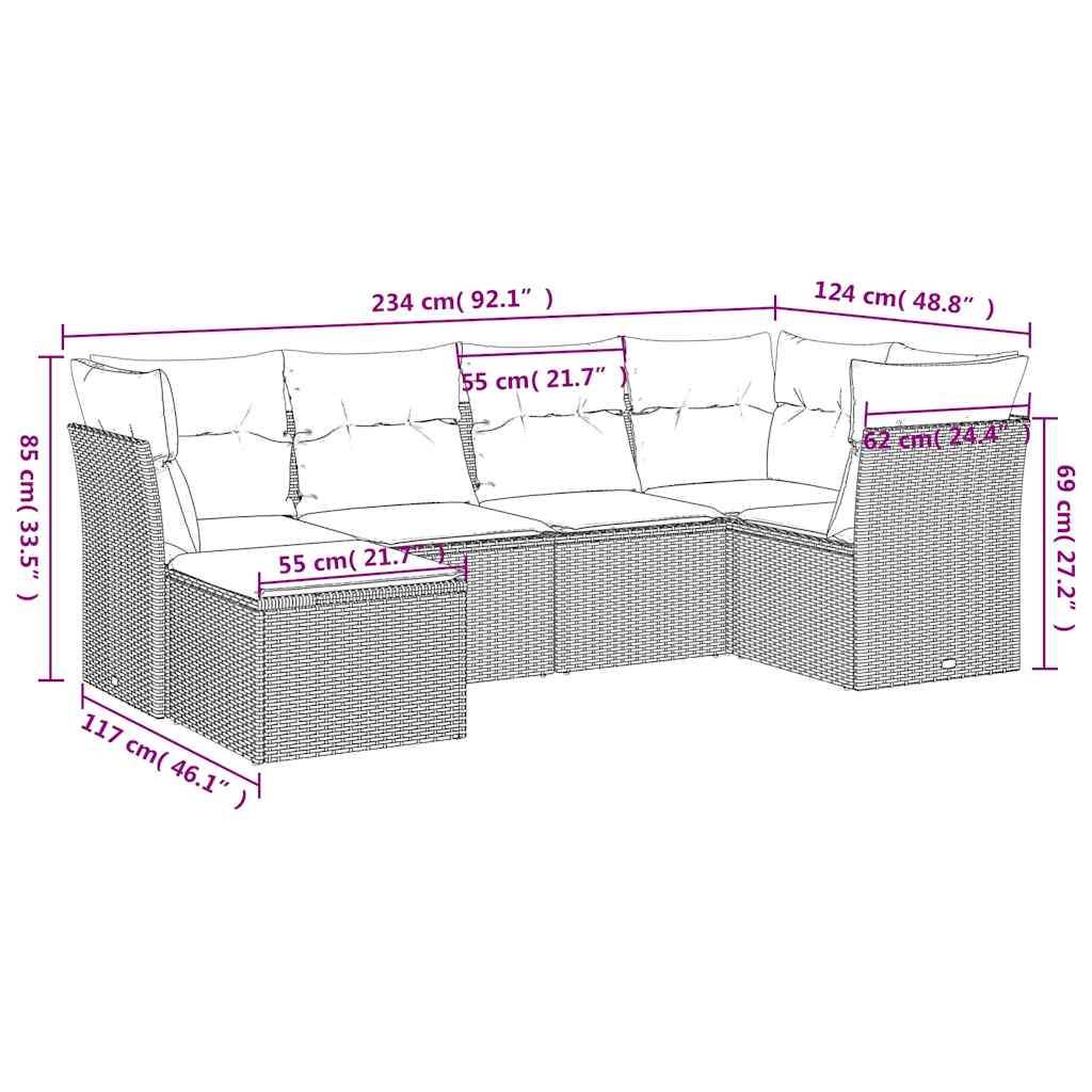 Set Divano da Giardino 6 pz con Cuscini Marrone in Polyrattan | homemem39
