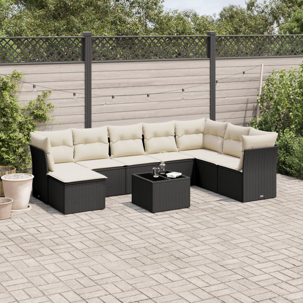 Set Divani da Giardino 9 pz con Cuscini Nero in Polyrattan - homemem39