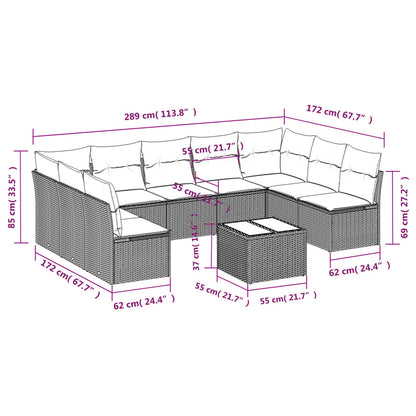 Set Divani da Giardino 10pz con Cuscini in Polyrattan Nero