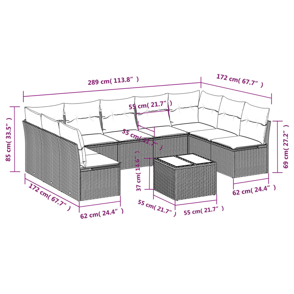 Set Divani da Giardino 10pz con Cuscini in Polyrattan Nero | homemem39