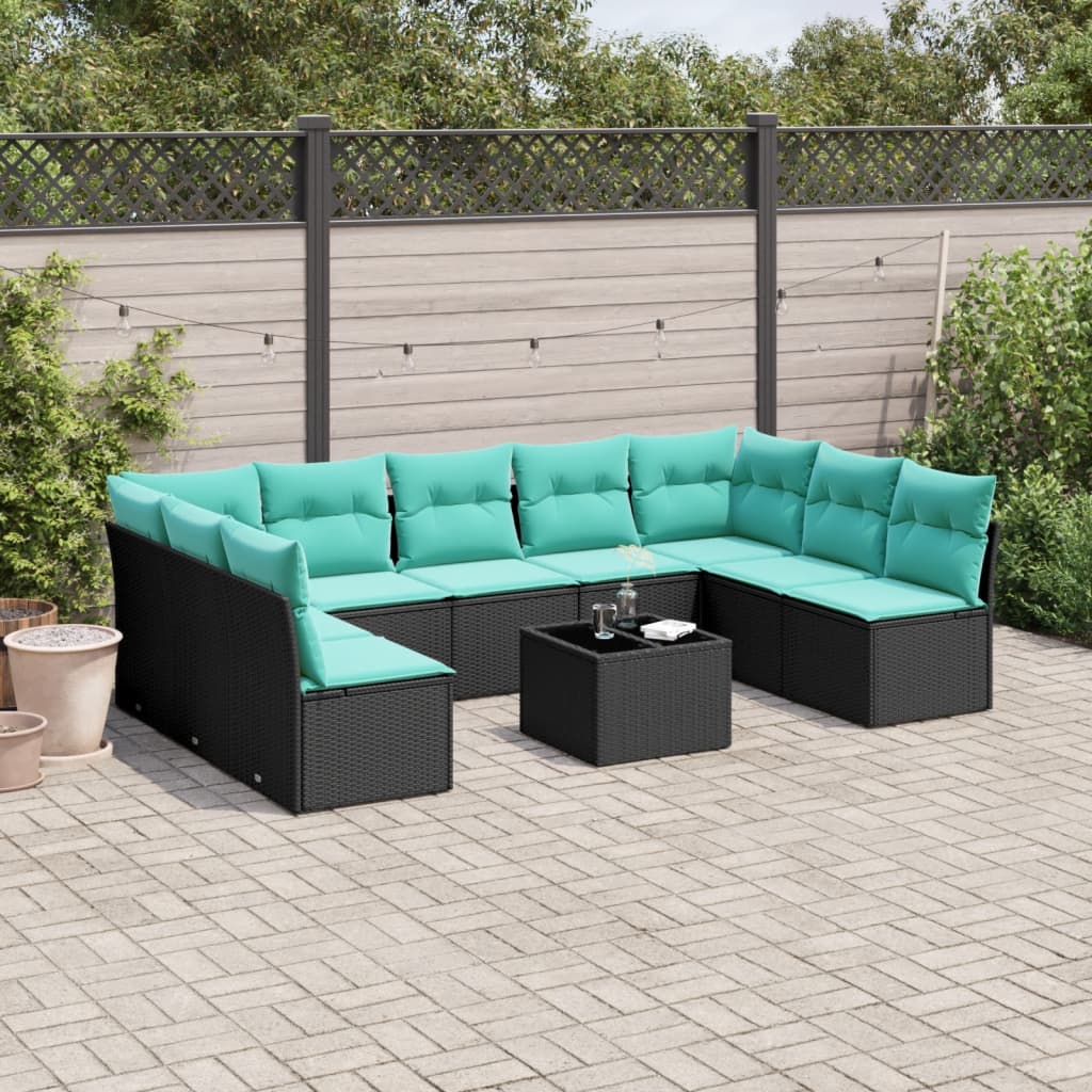 Set Divani da Giardino 10 pz con Cuscini Nero in Polyrattan | homemem39