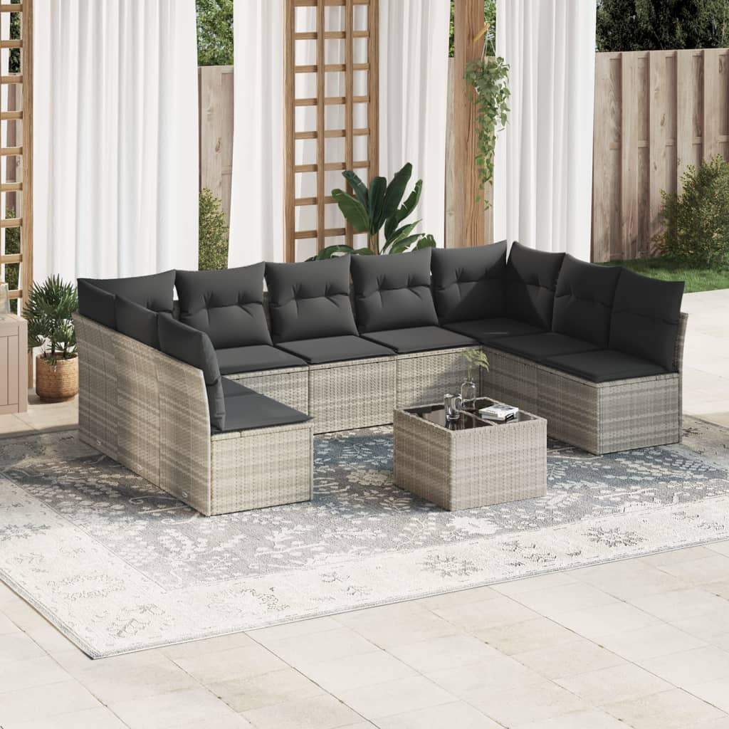 Set Divano Giardino 10 pz con Cuscini Grigio Chiaro Polyrattan - homemem39