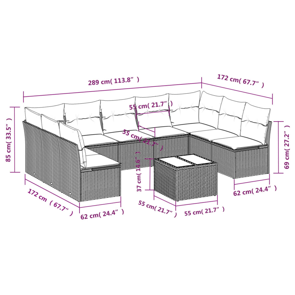 Set Divani da Giardino 10pz con Cuscini in Polyrattan Marrone | homemem39
