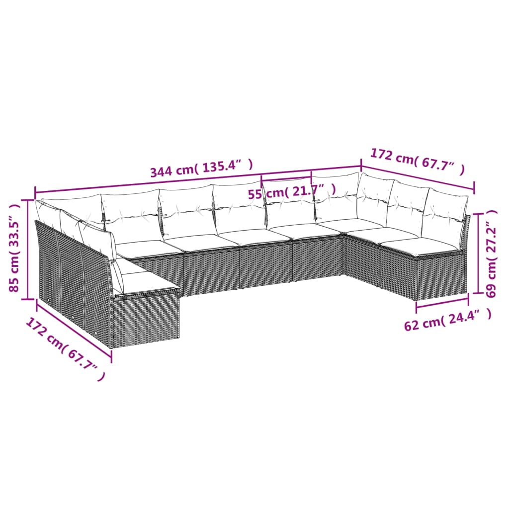 Set Divano da Giardino 10 pz con Cuscini Grigio in Polyrattan | homemem39