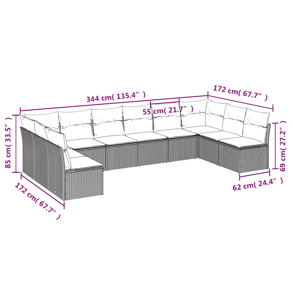 Set Divani da Giardino 10pz con Cuscini in Polyrattan Marrone | homemem39