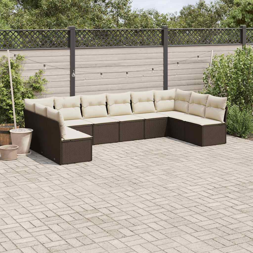 Set Divani da Giardino 10pz con Cuscini in Polyrattan Marrone | homemem39
