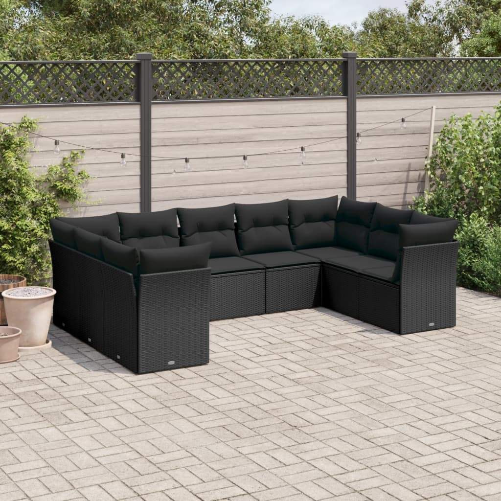 Set Divani da Giardino 9 pz con Cuscini Nero in Polyrattan - homemem39