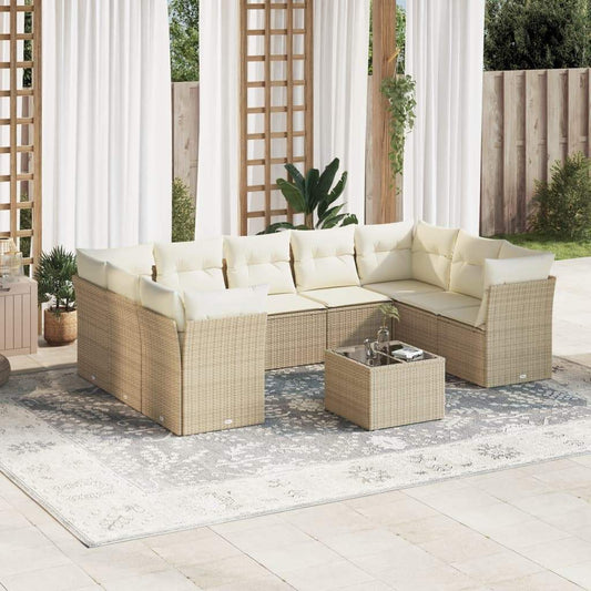 Set Divano da Giardino 10 pz con Cuscini Beige in Polyrattan - homemem39