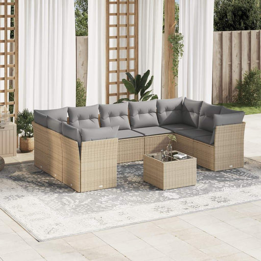 Set Divano da Giardino 10 pz con Cuscini Beige in Polyrattan - homemem39