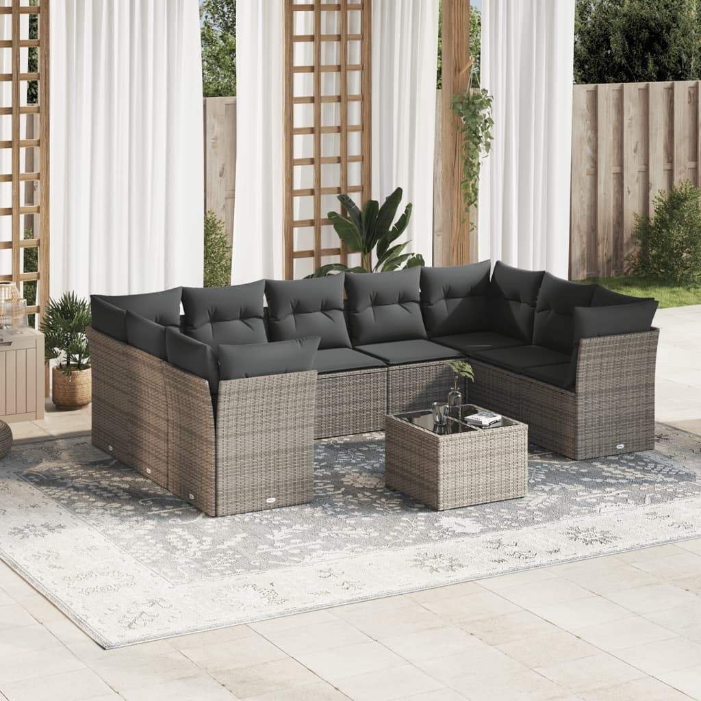 Set Divano da Giardino 10 pz con Cuscini Grigio in Polyrattan - homemem39