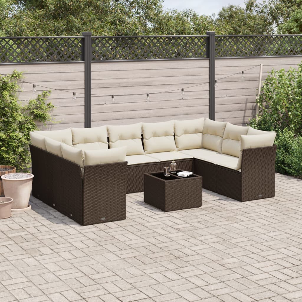 Set Divani da Giardino 10pz con Cuscini in Polyrattan Marrone | homemem39