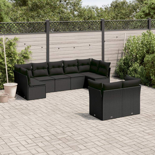Set Divani da Giardino 9 pz con Cuscini Nero in Polyrattan - homemem39