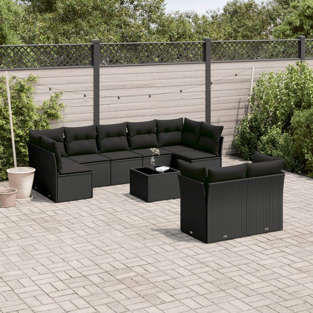 Set Divani da Giardino 10pz con Cuscini in Polyrattan Nero - homemem39