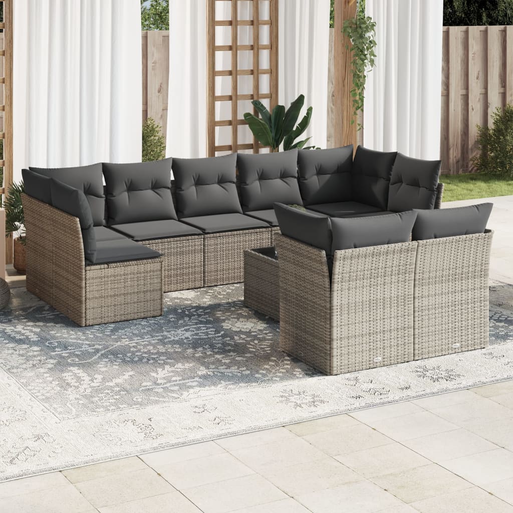 Set Divano da Giardino 10 pz con Cuscini Grigio in Polyrattan