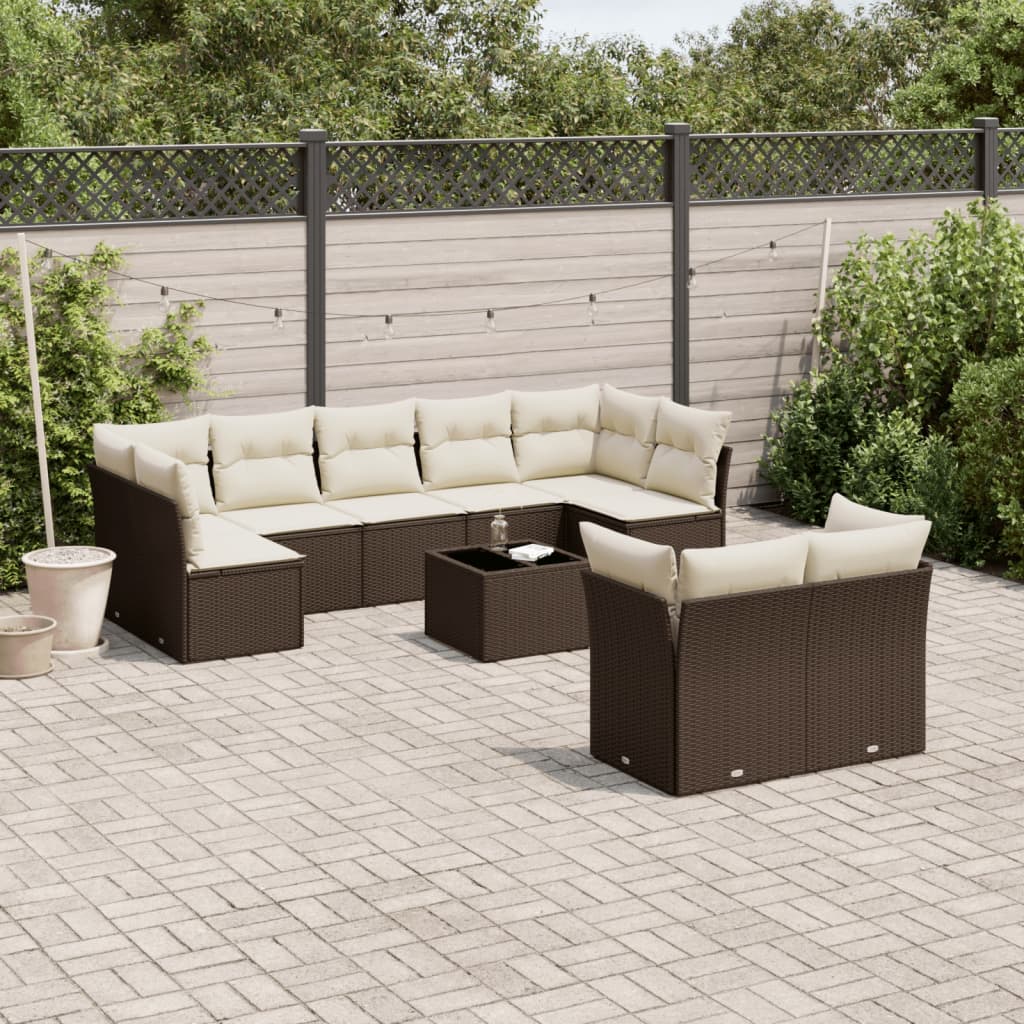 Set Divani da Giardino 10pz con Cuscini in Polyrattan Marrone | homemem39