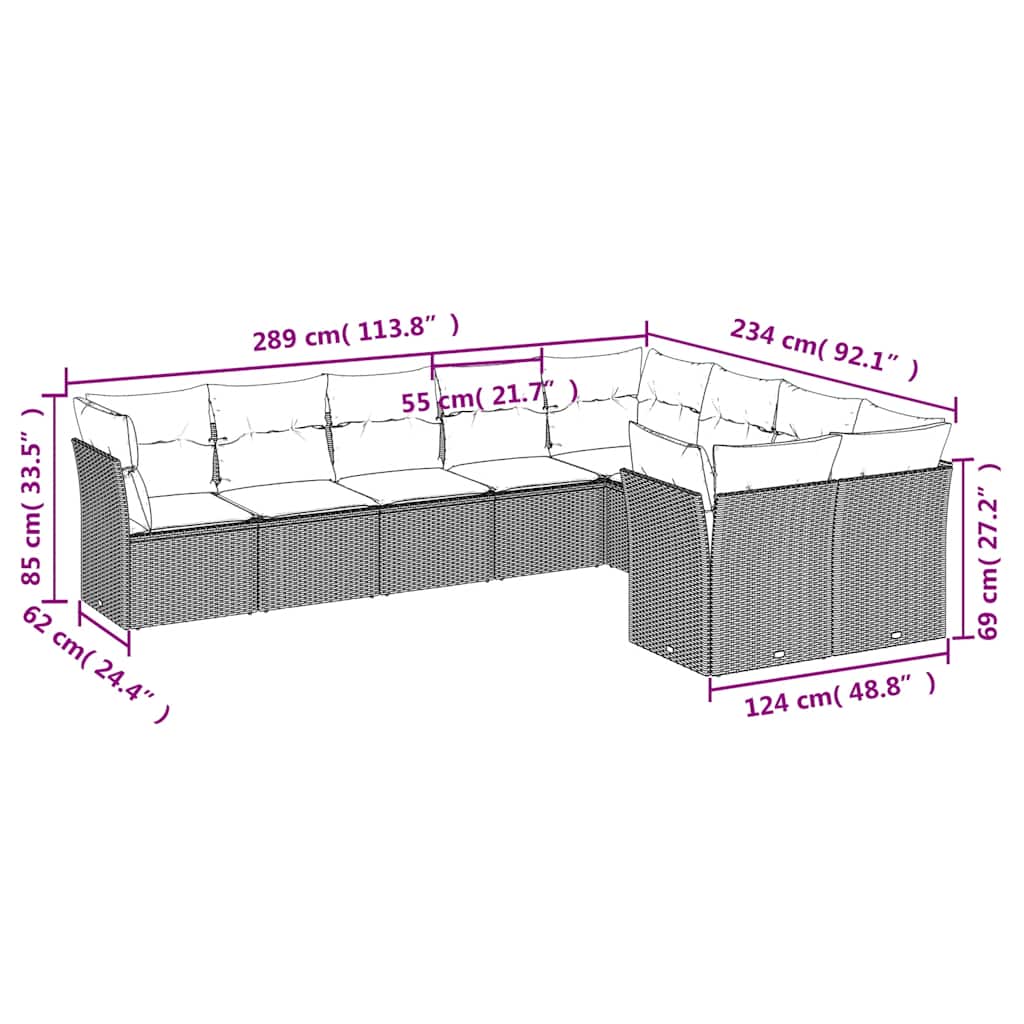 Set Divani da Giardino 9pz con Cuscini Marrone in Polyrattan | homemem39