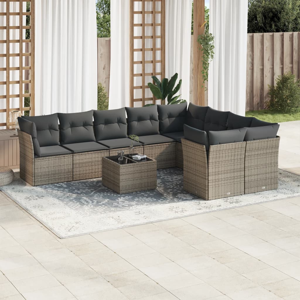 Set Divano da Giardino 10 pz con Cuscini Grigio in Polyrattan