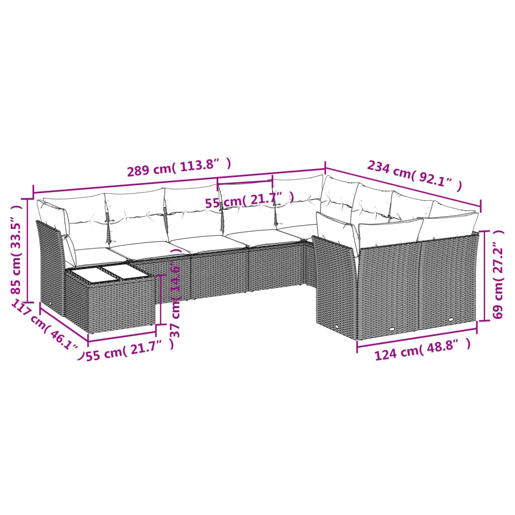 Set Divani da Giardino 10pz con Cuscini in Polyrattan Marrone | homemem39