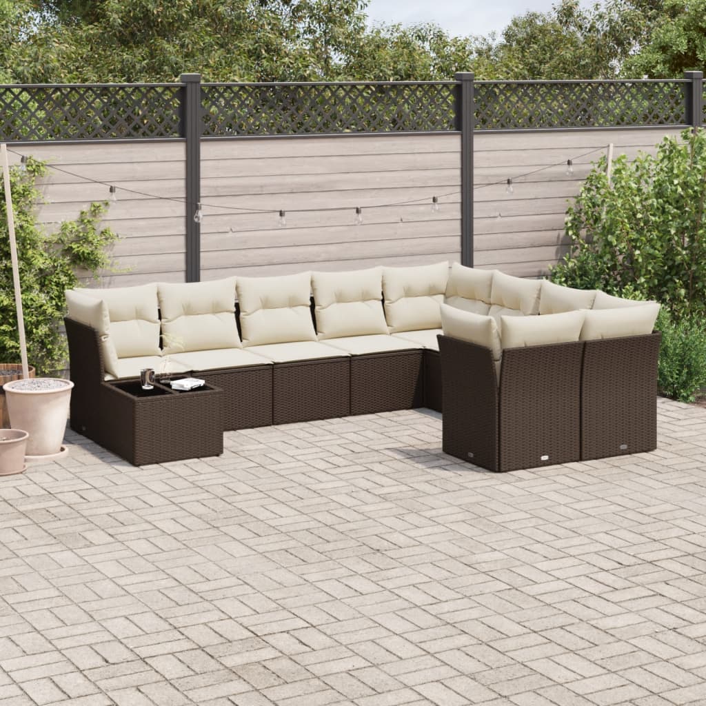 Set Divani da Giardino 10pz con Cuscini in Polyrattan Marrone | homemem39