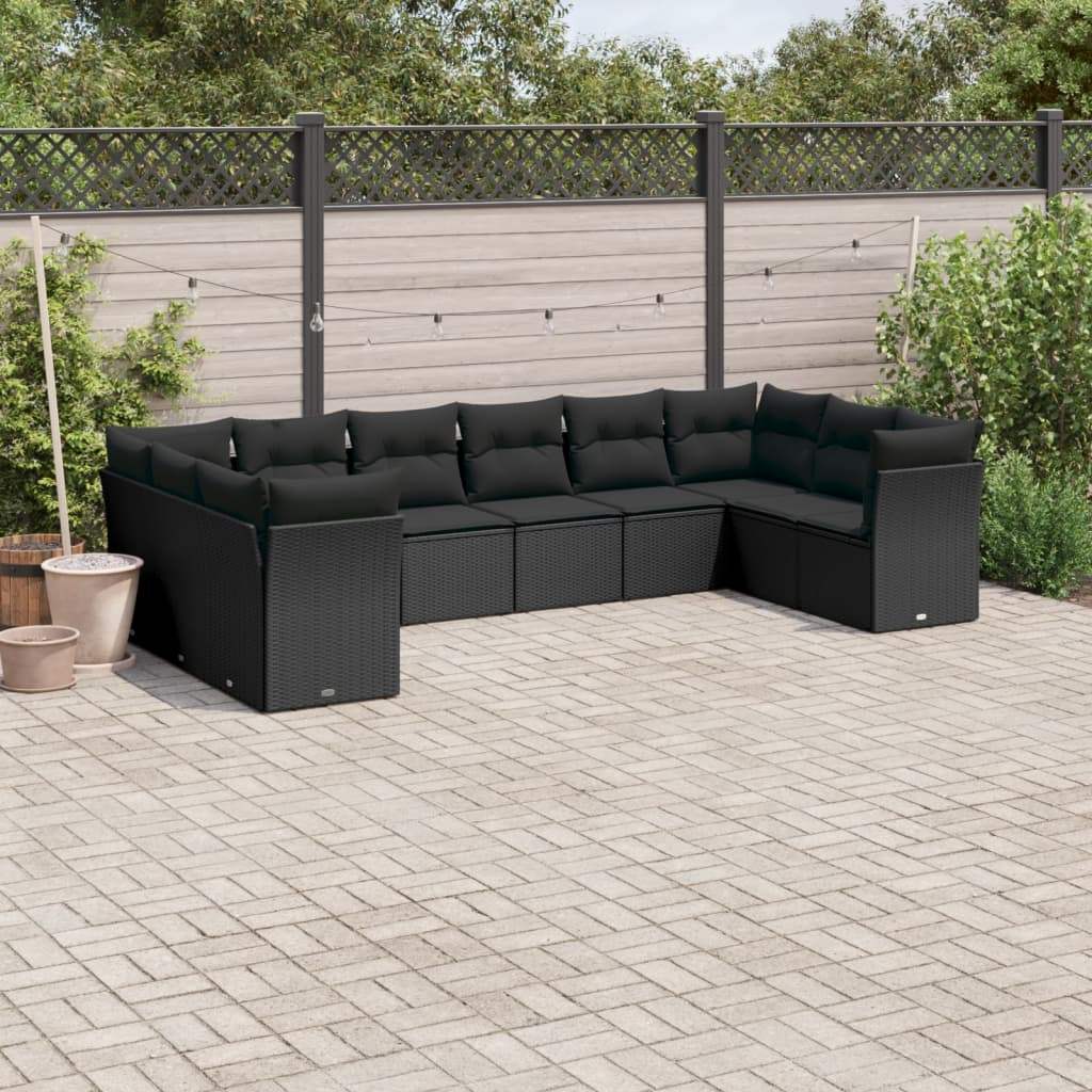 Set Divani da Giardino 10pz con Cuscini in Polyrattan Nero - homemem39