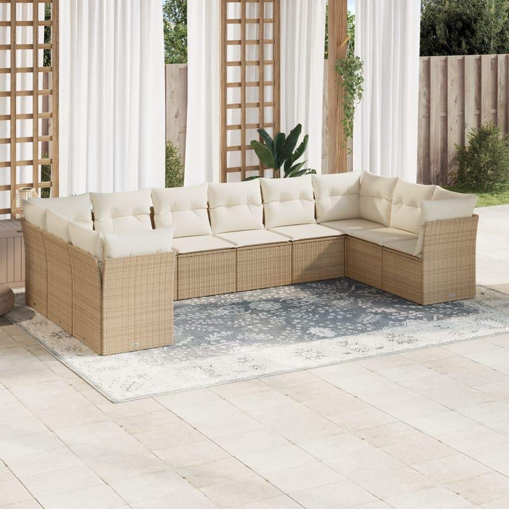 Set Divano da Giardino 10 pz con Cuscini Beige in Polyrattan - homemem39
