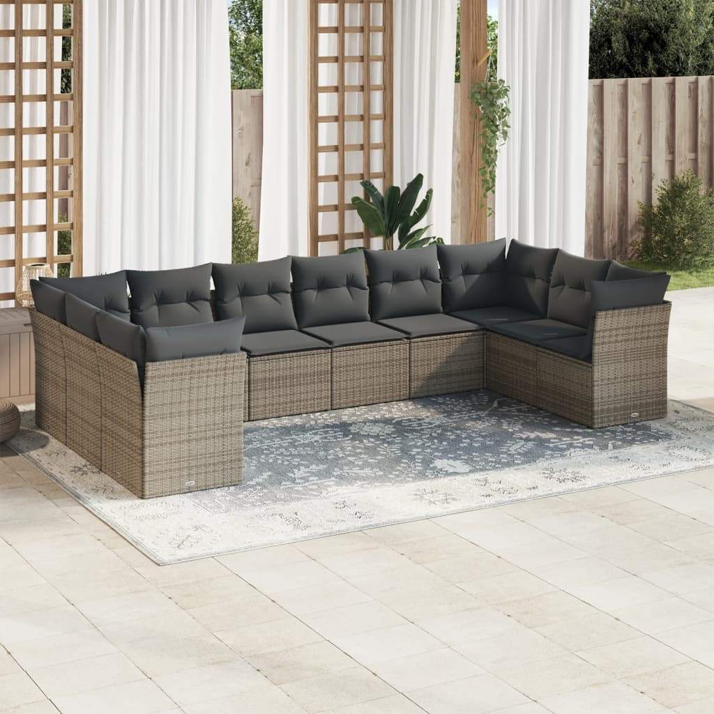 Set Divano da Giardino 10 pz con Cuscini Grigio in Polyrattan - homemem39