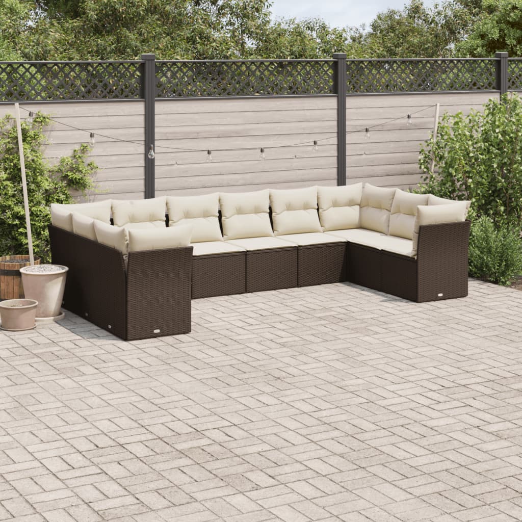 Set Divani da Giardino 10pz con Cuscini in Polyrattan Marrone | homemem39