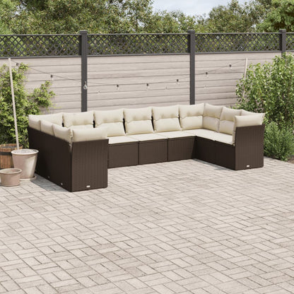 Set Divani da Giardino 10pz con Cuscini in Polyrattan Marrone | homemem39