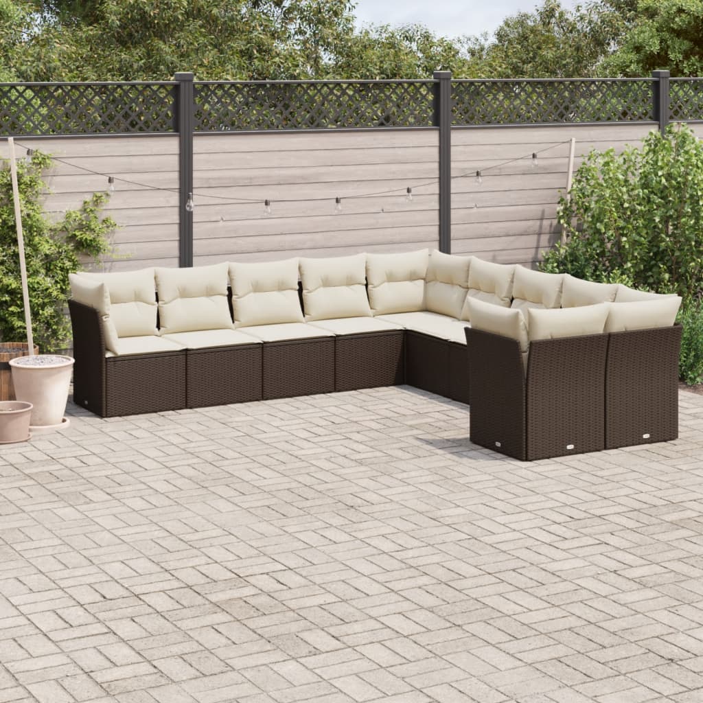 Set Divani da Giardino 10pz con Cuscini in Polyrattan Marrone | homemem39