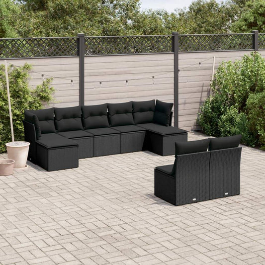Set Divani da Giardino 9 pz con Cuscini Nero in Polyrattan - homemem39