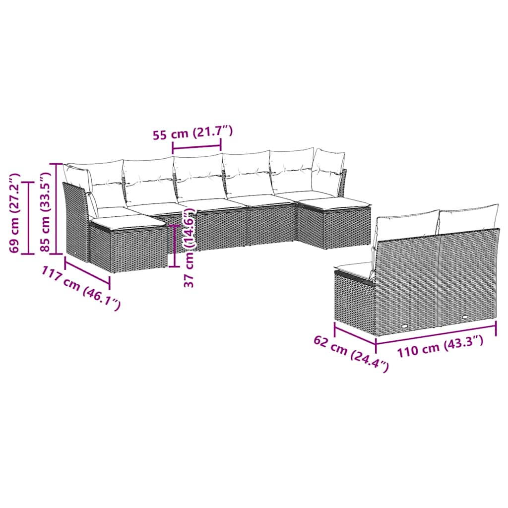 Set Divani da Giardino 9pz con Cuscini Marrone in Polyrattan | homemem39