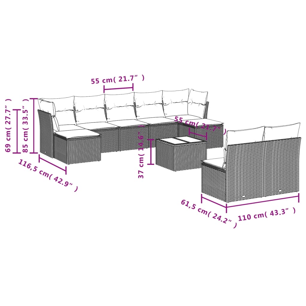Set Divani da Giardino 10pz con Cuscini in Polyrattan Nero