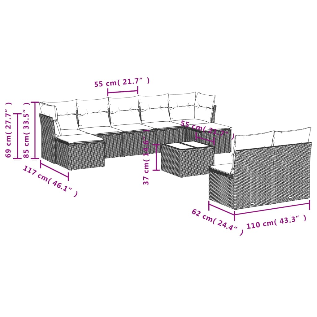 Set Divani da Giardino 10pz con Cuscini in Polyrattan Nero | homemem39