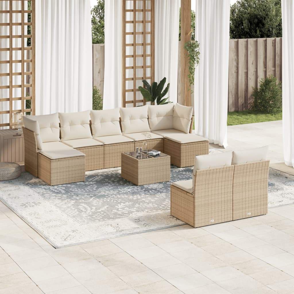 Set Divano da Giardino 10 pz con Cuscini Beige in Polyrattan - homemem39