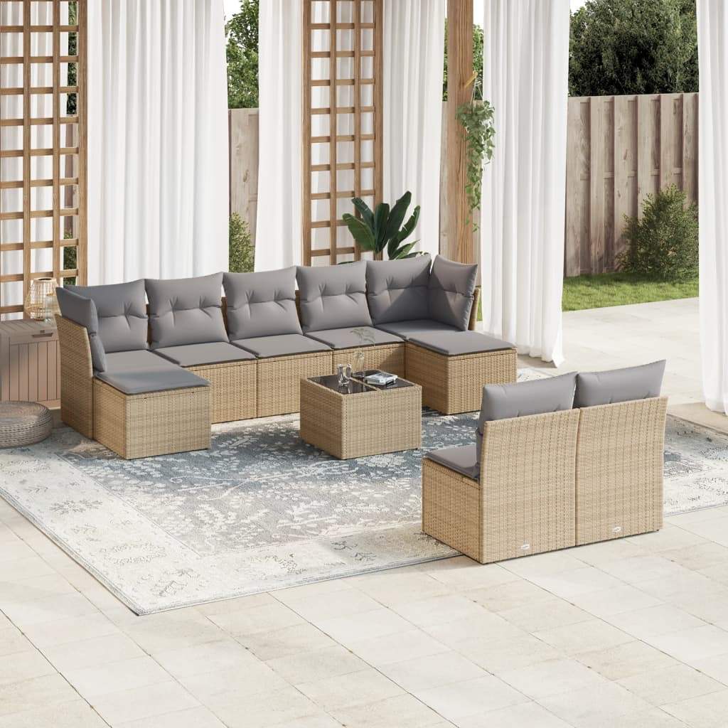 Set Divano da Giardino 10 pz con Cuscini Beige in Polyrattan - homemem39