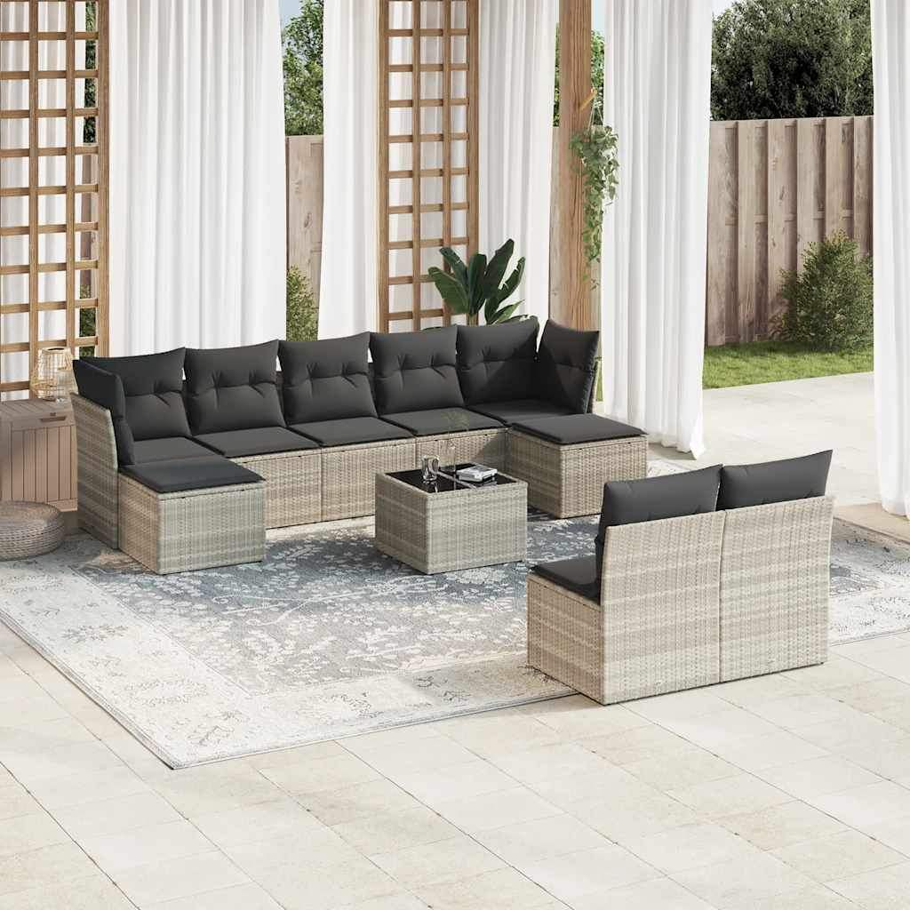 Set Divano Giardino 10 pz con Cuscini Grigio Chiaro Polyrattan - homemem39