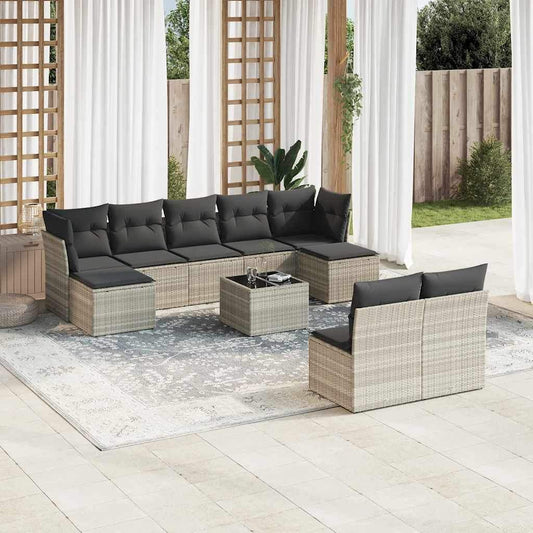 Set Divano Giardino 10 pz con Cuscini Grigio Chiaro Polyrattan - homemem39