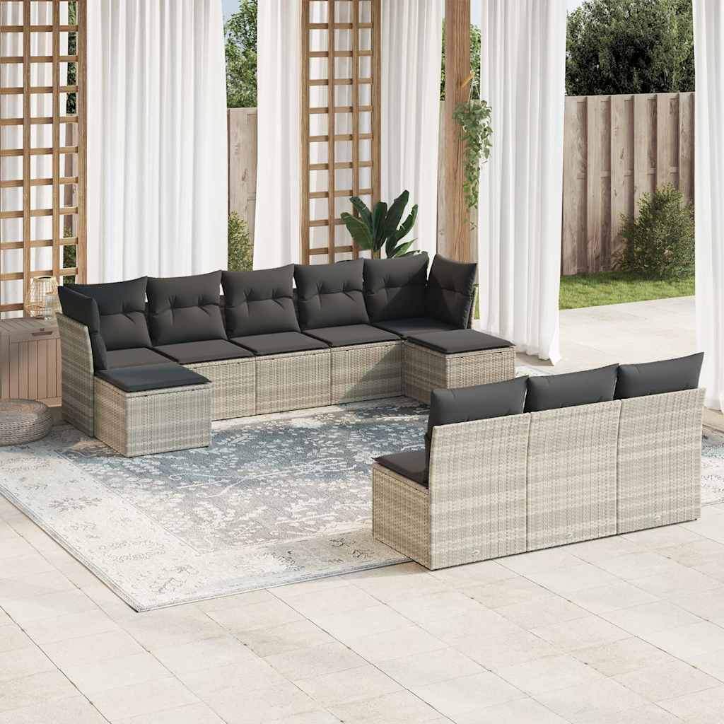 Set Divano Giardino 10 pz con Cuscini Grigio Chiaro Polyrattan - homemem39