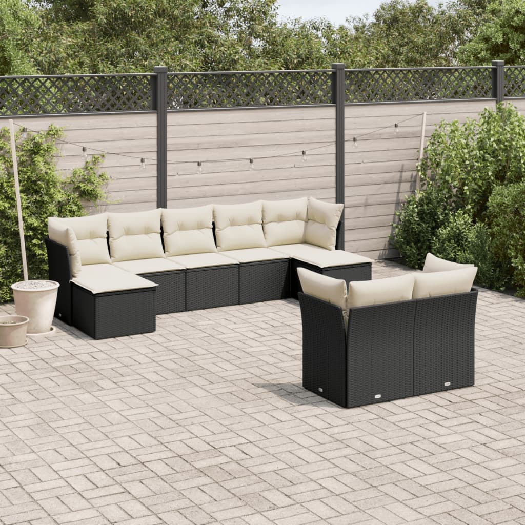 Set Divani da Giardino 9 pz con Cuscini Nero in Polyrattan - homemem39