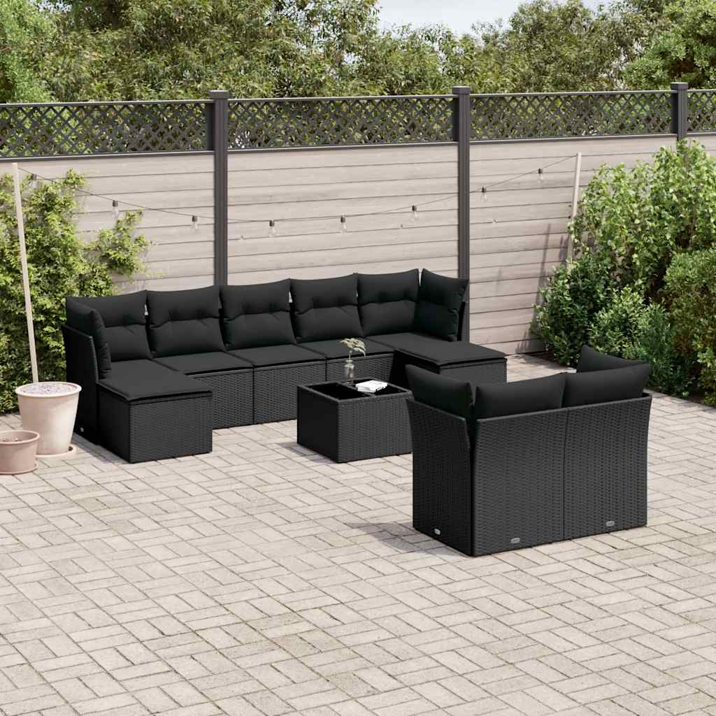Set Divani da Giardino 10pz con Cuscini in Polyrattan Nero | homemem39