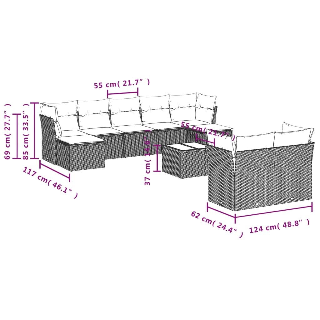 Set Divani da Giardino 10 pz con Cuscini Nero in Polyrattan | homemem39