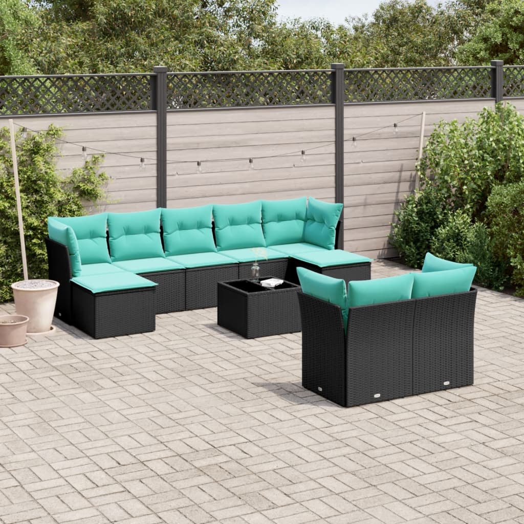 Set Divani da Giardino 10 pz con Cuscini Nero in Polyrattan | homemem39