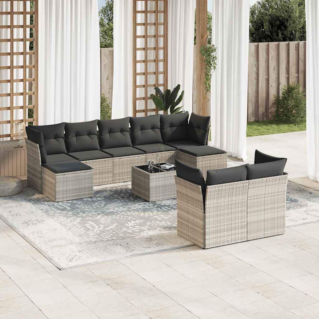 Set Divano Giardino 10 pz con Cuscini Grigio Chiaro Polyrattan - homemem39