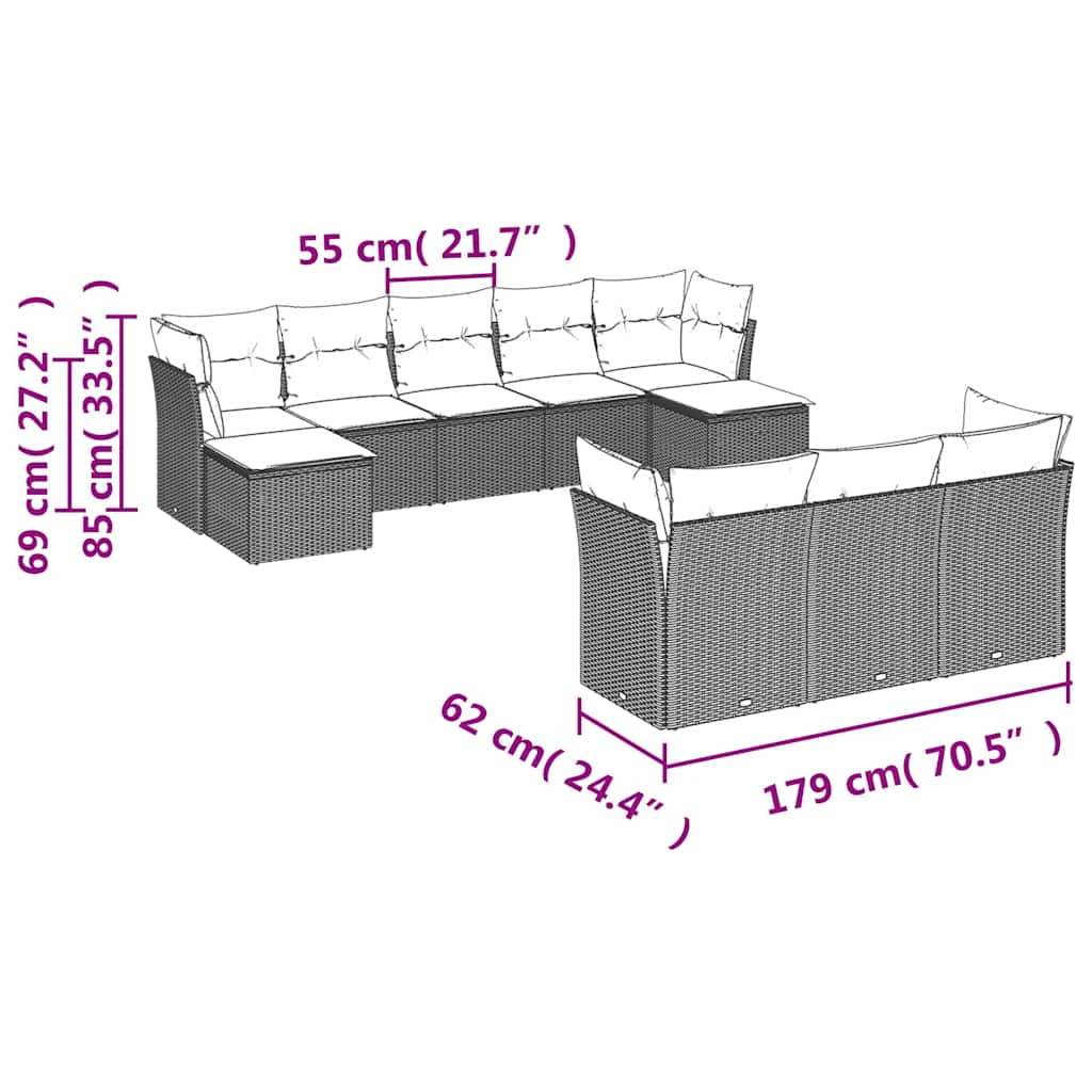 Set Divani da Giardino 10pz con Cuscini in Polyrattan Nero | homemem39