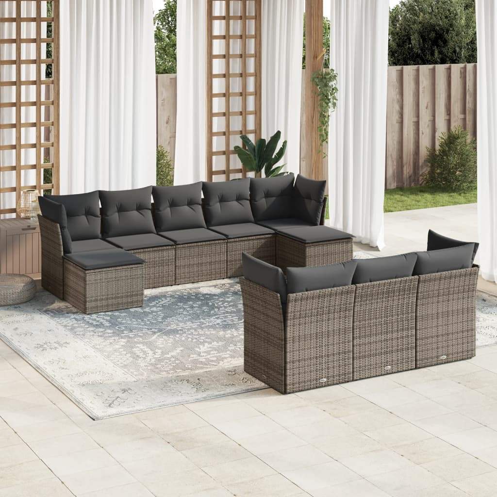 Set Divano da Giardino 10 pz con Cuscini Grigio in Polyrattan - homemem39