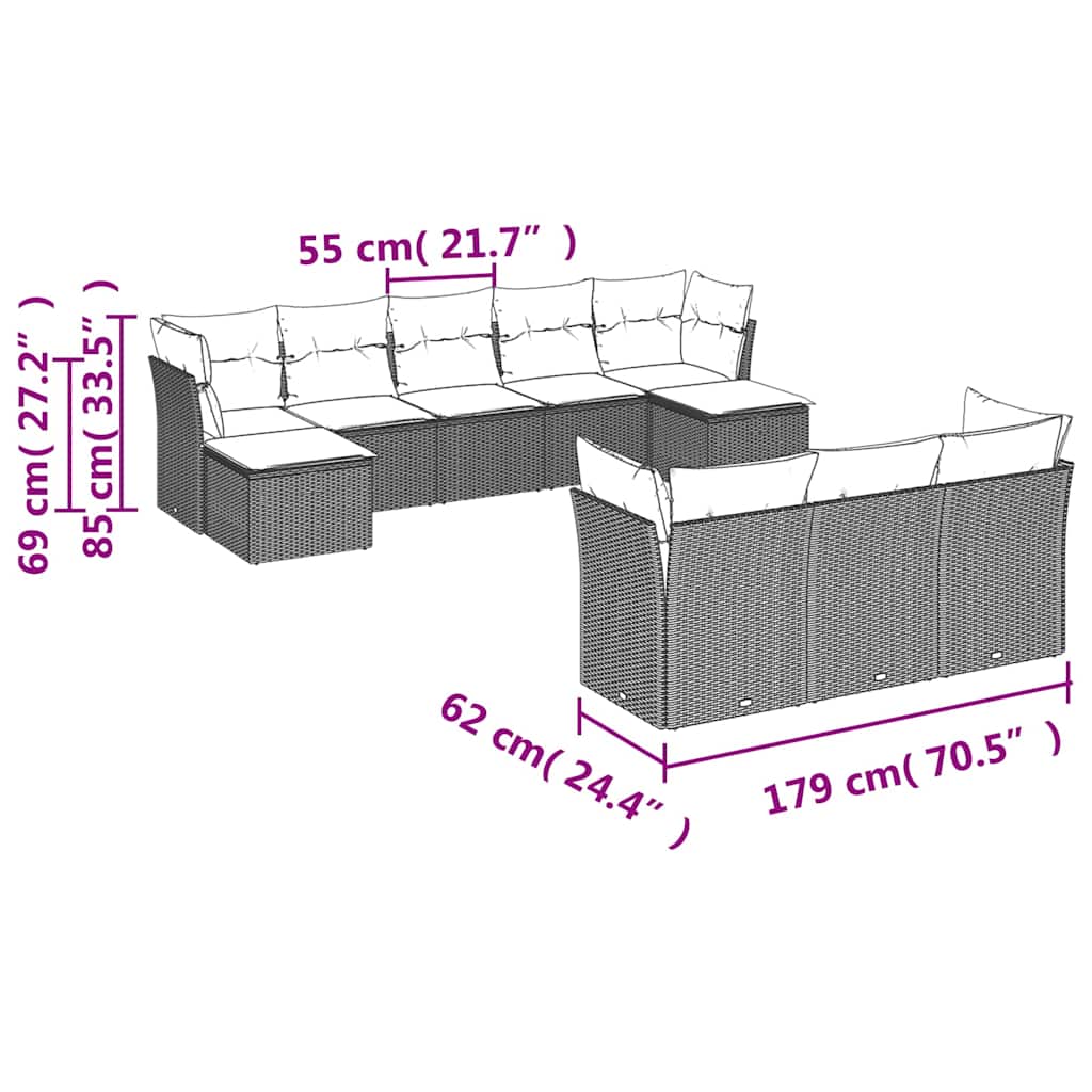 Set Divani da Giardino 10pz con Cuscini in Polyrattan Marrone | homemem39