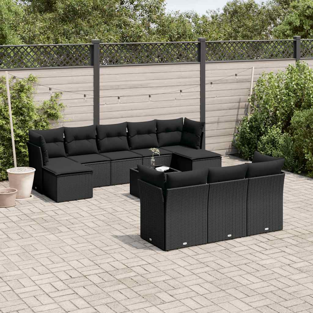 Set Divani da Giardino 11 pz con Cuscini in Polyrattan Nero | homemem39
