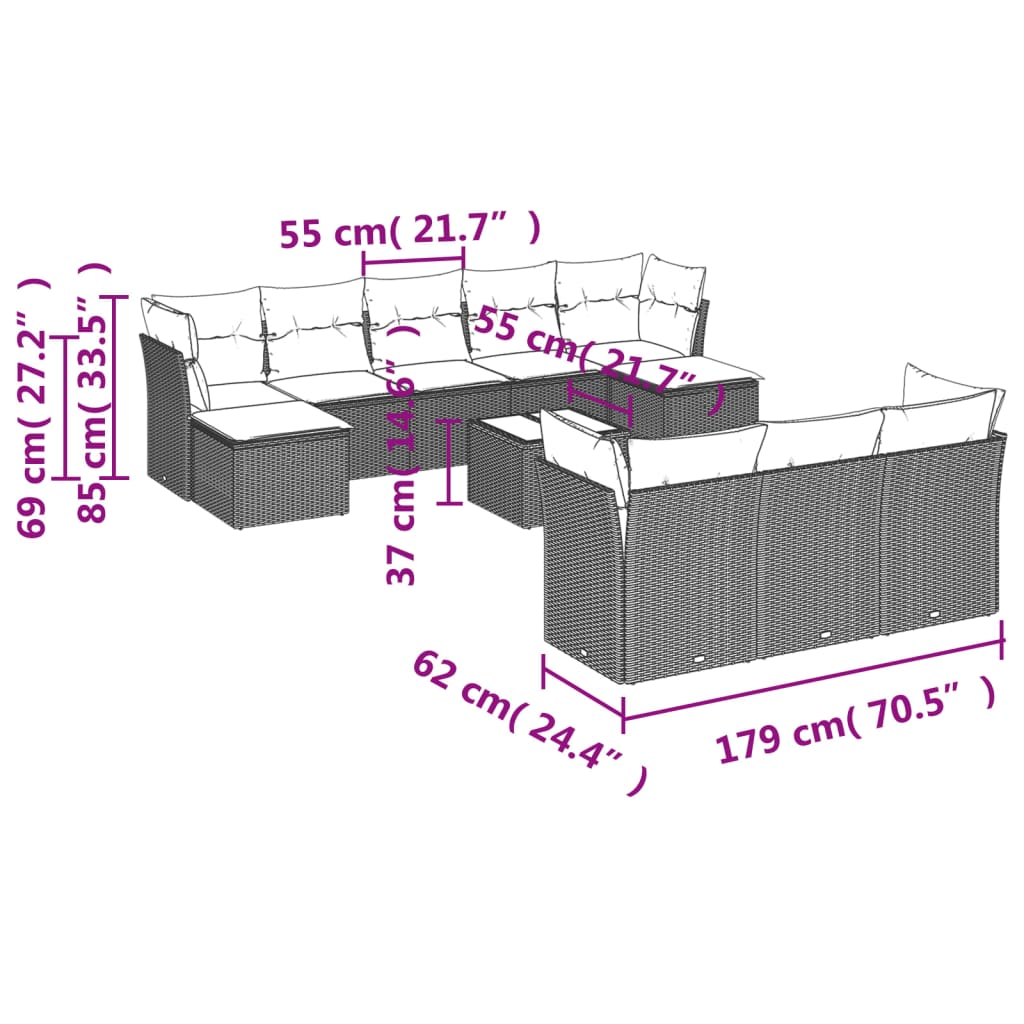 Set Divani da Giardino 11 pz con Cuscini Nero in Polyrattan | homemem39