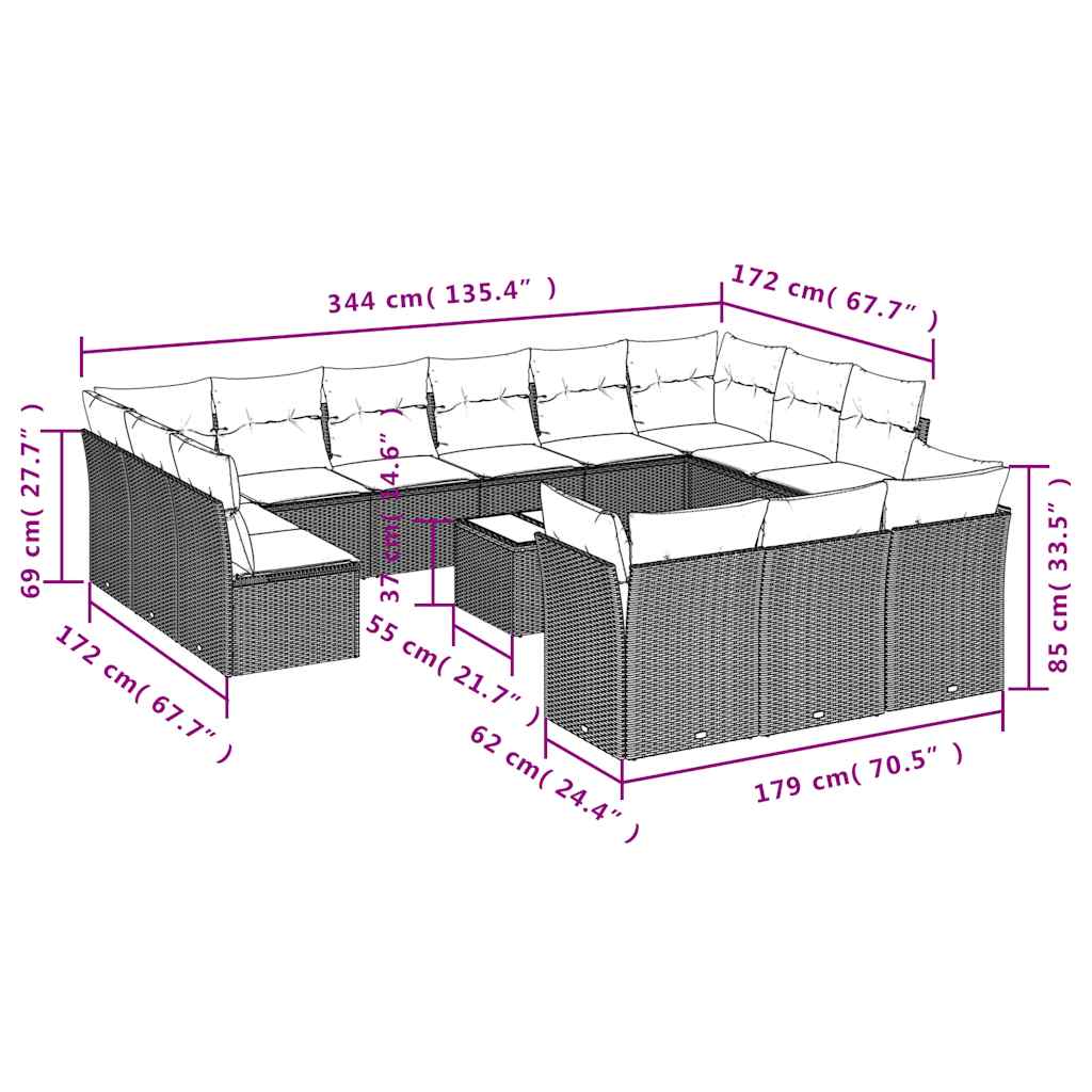 Set Divani da Giardino 14pz con Cuscini in Polyrattan Nero